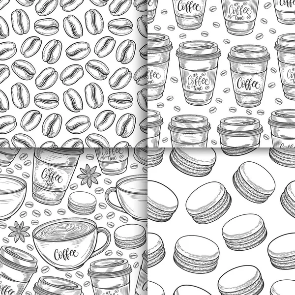 Tazze di caffè, fagioli, tazze, macaron disegnati a mano senza soluzione di continuità insieme. Sfondo vettoriale bianco e nero monocromatico. Illustrazione decorativa dello schizzo scarabocchio — Vettoriale Stock