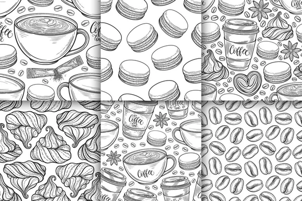 Kaffekoppar, bönor, muggar, mandelbiskvier handritad sömlösa mönster uppsättning. Enfärgade svarta och vita vector bakgrund. Dekorativa skiss doodle illustration — Stock vektor
