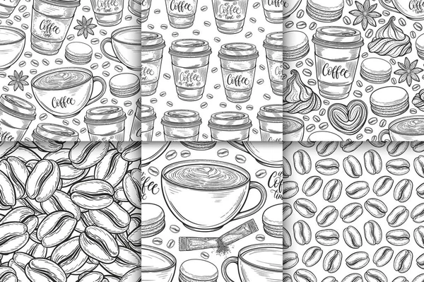 Coffee cups, beans, mugs, macaroons hand drawn seamless pattern set. Monochrome black and white vector background. Decorative sketch doodle illustration — Stock Vector