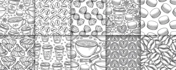 Tazas de café, frijoles, tazas, macarrones dibujado a mano conjunto de patrones sin costura. Fondo vectorial blanco y negro monocromo. Dibujo decorativo doodle ilustración — Archivo Imágenes Vectoriales