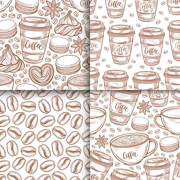 Coffee cups, beans, mugs, macaroons seamless pattern set. Vector background hand drawn in lines collection. Decorative sketch doodle illustration — Stock Vector