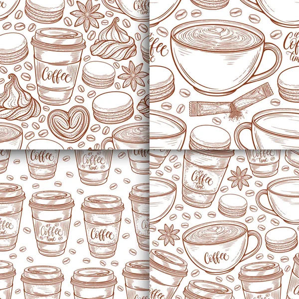 Tazze di caffè, fagioli, tazze, macaron senza soluzione di continuità set di modelli. Sfondo vettoriale disegnato a mano in linee di raccolta. Illustrazione decorativa dello schizzo scarabocchio — Vettoriale Stock