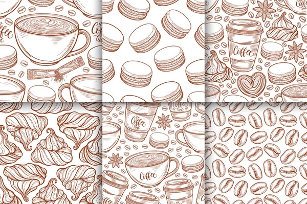 Coffee cups, beans, mugs, macaroons seamless pattern set. Vector background hand drawn in lines collection. Decorative sketch doodle illustration — Stock Vector
