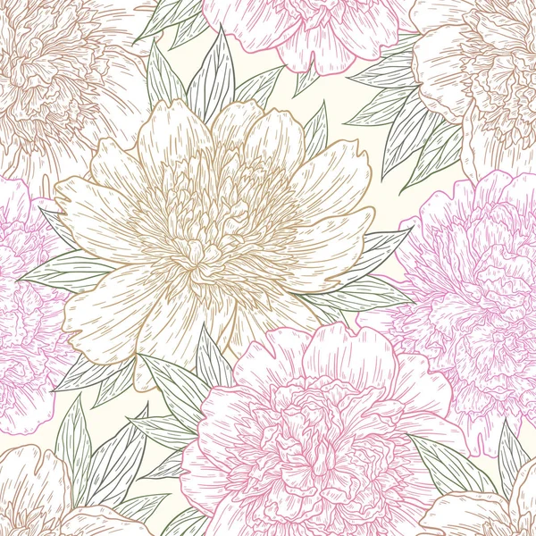 Seamless pattern with peony flowers hand drawn in lines. Graphic doodle sketch floral background. Vector illustration — Stock Vector