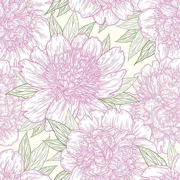 Bezszwowy wzór z kwiatów piwonii ręcznie rysowane w liniach. Graficzny Doodle szkic kwiatowy tło. Ilustracja wektorowa — Wektor stockowy