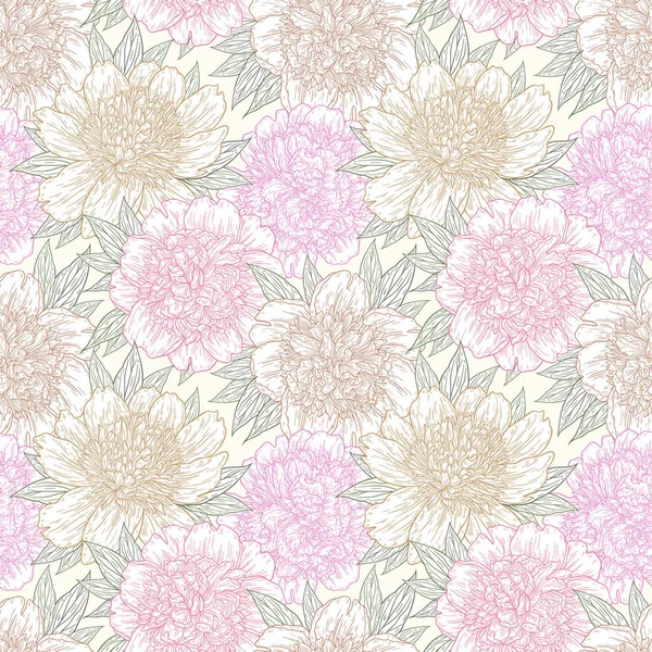 Seamless pattern with peony flowers hand drawn in lines. Graphic doodle sketch floral background. Vector illustration — Stock Vector