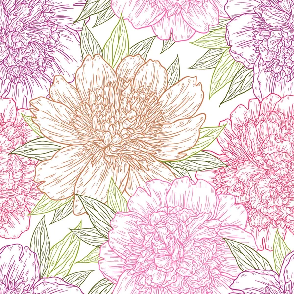 Patrón sin costuras con flores de peonía dibujadas a mano en líneas. Boceto gráfico doodle fondo floral. Ilustración vectorial — Vector de stock
