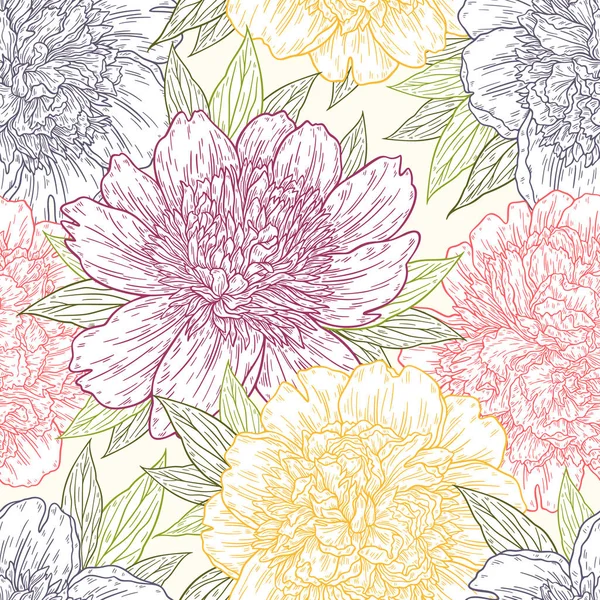 Padrão sem costura com peônia flores mão desenhada em linhas. Desenho gráfico do doodle fundo floral. Ilustração vetorial — Vetor de Stock