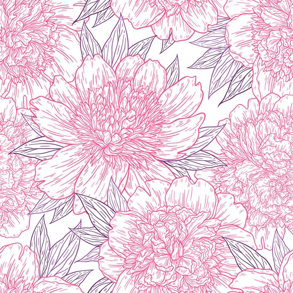 Seamless pattern with peony flowers hand drawn in lines. Graphic doodle sketch floral background. Vector illustration — Stock Vector