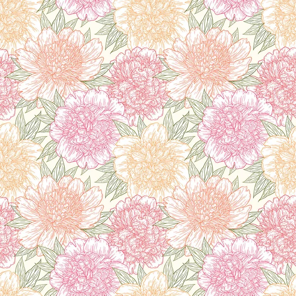 Seamless pattern with peony flowers hand drawn in lines. Graphic doodle sketch floral background. Vector illustration — Stock Vector