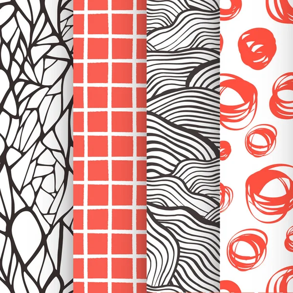 Abstract hand drawn geometric simple minimalistic seamless patterns set. Polka dot, stripes, waves, random symbols textures. Vector illustration — Stock Vector