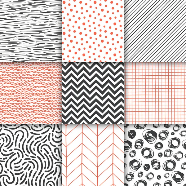 Abstrakt handritade geometriska enkla minimalistiska sömlösa mönster uppsättning. Polka dot, ränder, vågor, slumpmässiga symboler texturer. Vektor illustration — Stock vektor