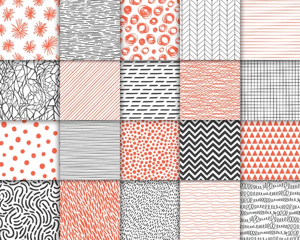 Abstrakt handritade geometriska enkla minimalistiska sömlösa mönster uppsättning. Polka dot, ränder, vågor, slumpmässiga symboler texturer. Vektor illustration — Stock vektor