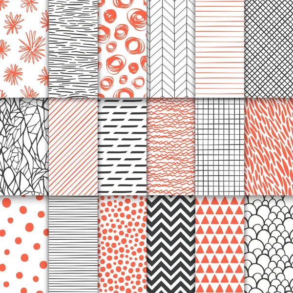 Abstract hand drawn geometric simple minimalistic seamless patterns set. Polka dot, stripes, waves, random symbols textures. Vector illustration — Stock Vector