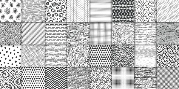 Abstracte hand getekende geometrische eenvoudige minimalistische naadloze patronen instellen. Polka dot, strepen, golven, willekeurige symbolen texturen. Vector illustratie — Stockvector