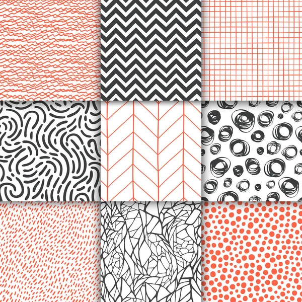추상 손으로 그린 기하학적 간단한 미니멀 리즘 원활한 패턴 세트. 물방울 무늬, 줄무늬, 파도, 임의의 기호 텍스처. 벡터 일러스트레이션 — 스톡 벡터