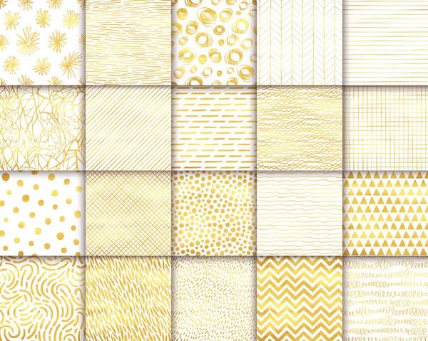 Abstrakt handritade geometriska enkla minimalistiska sömlösa mönster uppsättning. Bright Luxury Golden bakgrund samling. Polka dot, ränder, vågor, slumpmässiga symboler texturer. Vektor illustration — Stock vektor