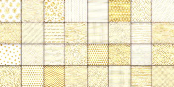 Abstrakt handritade geometriska enkla minimalistiska sömlösa mönster uppsättning. Bright Luxury Golden bakgrund samling. Polka dot, ränder, vågor, slumpmässiga symboler texturer. Vektor illustration — Stock vektor