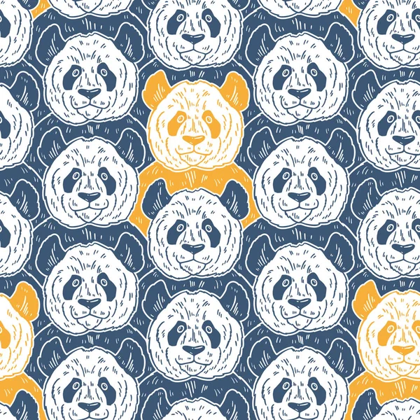 Cute funny cartoon panda seamless pattern. Vector illustration hand drawn in lines. Trendy doodle background — Stock Vector