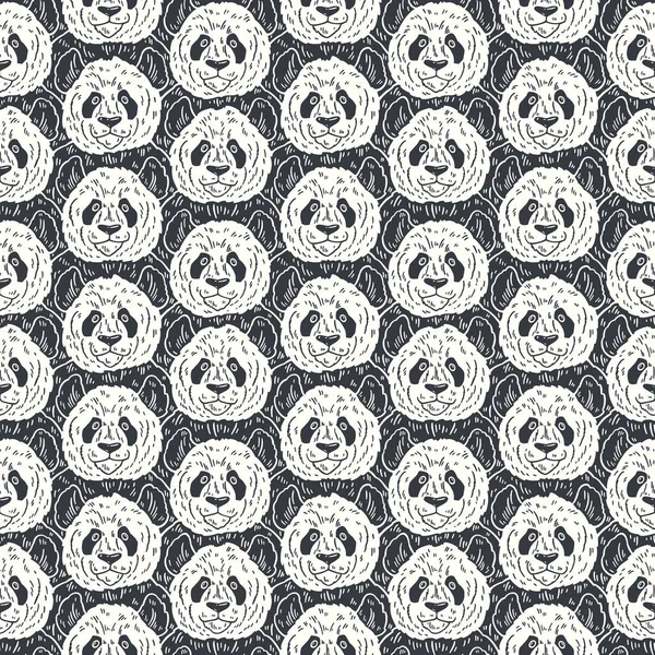 Cute funny cartoon panda seamless pattern. Vector illustration hand drawn in lines. Trendy doodle background — Stock Vector