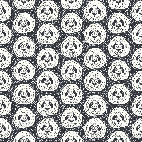 Lindo patrón divertido de dibujos animados panda sin costuras. Ilustración vectorial dibujada a mano en líneas. Fondo de garabato de moda — Vector de stock