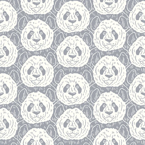 Cute funny cartoon panda seamless pattern. Vector illustration hand drawn in lines. Trendy doodle background — Stock Vector