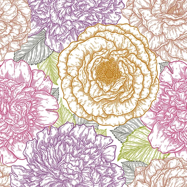 バラの花の手が線で描かれたシームレスなパターン ベクターイラスト デザイン用テンプレート — ストックベクタ