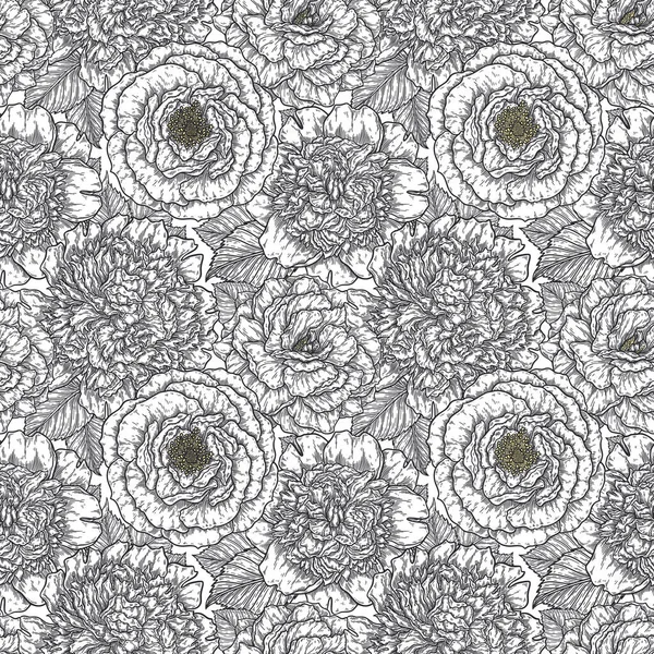 Çizgilerle Çizilmiş Gül Çiçekli Kusursuz Desen Siyah Beyaz Tek Renkli — Stok Vektör