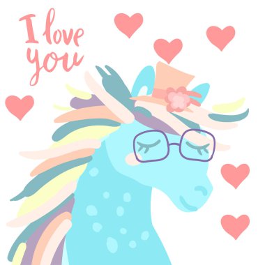 Mutlu Sevgililer sevimli at üst şapka ve gözlük düz illüstrasyon el yazılı yazı ile giyinmiş seni seviyorum ve kalpleri beyaz izole.