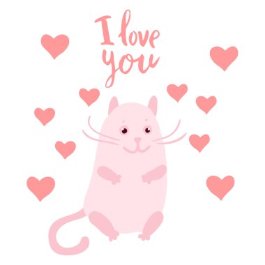 Mutlu Valentine pembe kedi düz illüstrasyon kalpleri ve el yazılı yazı ile seni seviyorum beyaz izole.