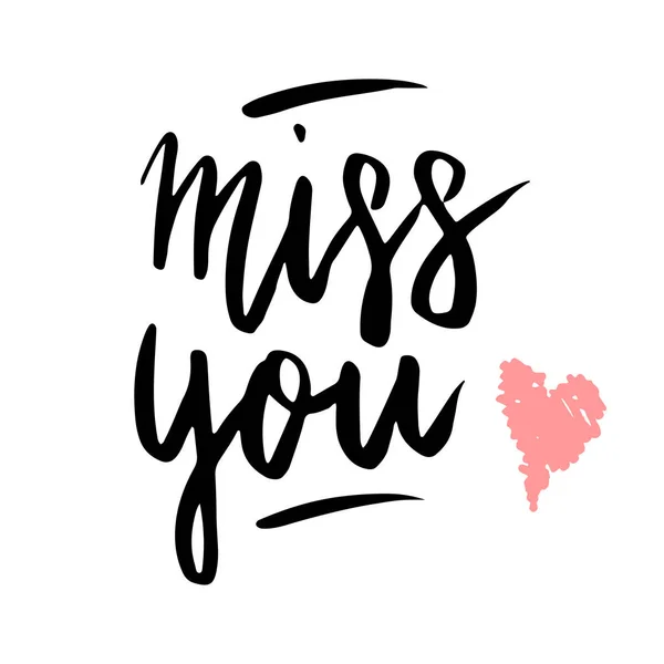 Miss You Mano Scritto Felice San Valentino Lettering Con Cuore — Vettoriale Stock