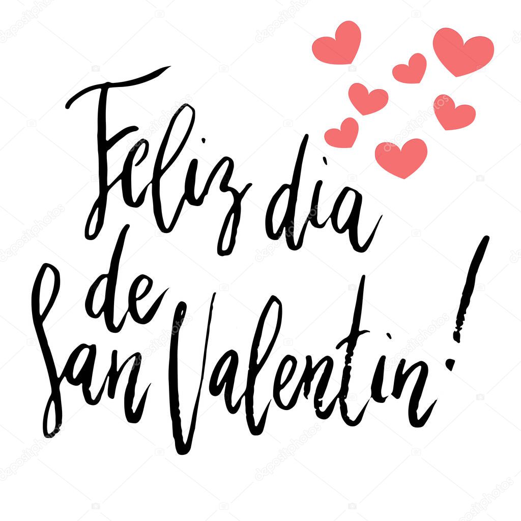 Feliz Dia dos Namorados Happy Valentines day hand written brush lettering isolated on white with small heart decoration.
