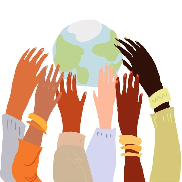 Ilustración de las manos de un pueblo con diferentes colores de piel que se sostienen entre sí. Igualdad racial, feminismo, arte de tolerancia en un estilo mínimo . — Archivo Imágenes Vectoriales