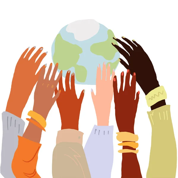 Illustration of a people's hands with different skin color together holding each other. Race equality, feminism, tolerance art in minimal style. — Stock Vector