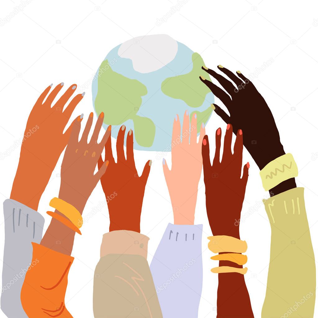 Illustration of a people's hands with different skin color together holding each other. Race equality, feminism, tolerance art in minimal style.