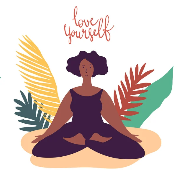 Hand dras minimal vektor illustration av tecknad svart kvinna karaktär gör yoga asana pose utanför i naturen med backgroud av tropiska blad och växter. — Stock vektor