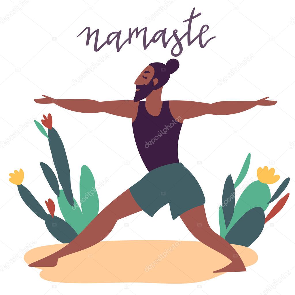 Hand drawn minimal vector illustration of cartoon black man character doing yoga asana pose outside in nature with backgroud of tropical leafs and plants.