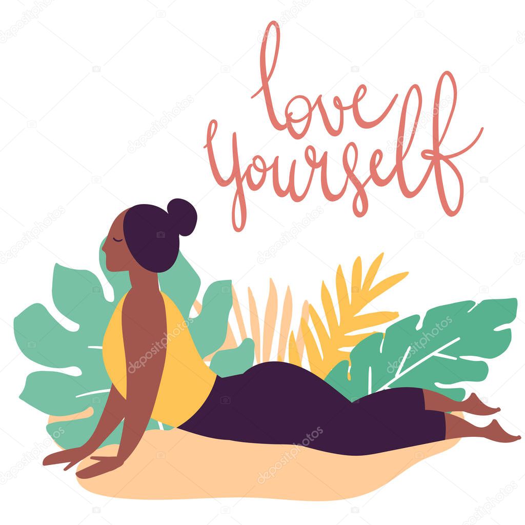 Hand drawn minimal vector illustration of cartoon black woman character doing yoga asana pose outside in nature with backgroud of tropical leafs and plants.