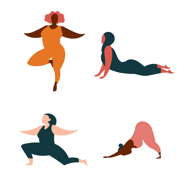 Illustration dessinée à la main ensemble de femmes de dessin animé heureux divers faisant yoga asana pose faite dans un style plat minimal isolé sur blanc . — Image vectorielle