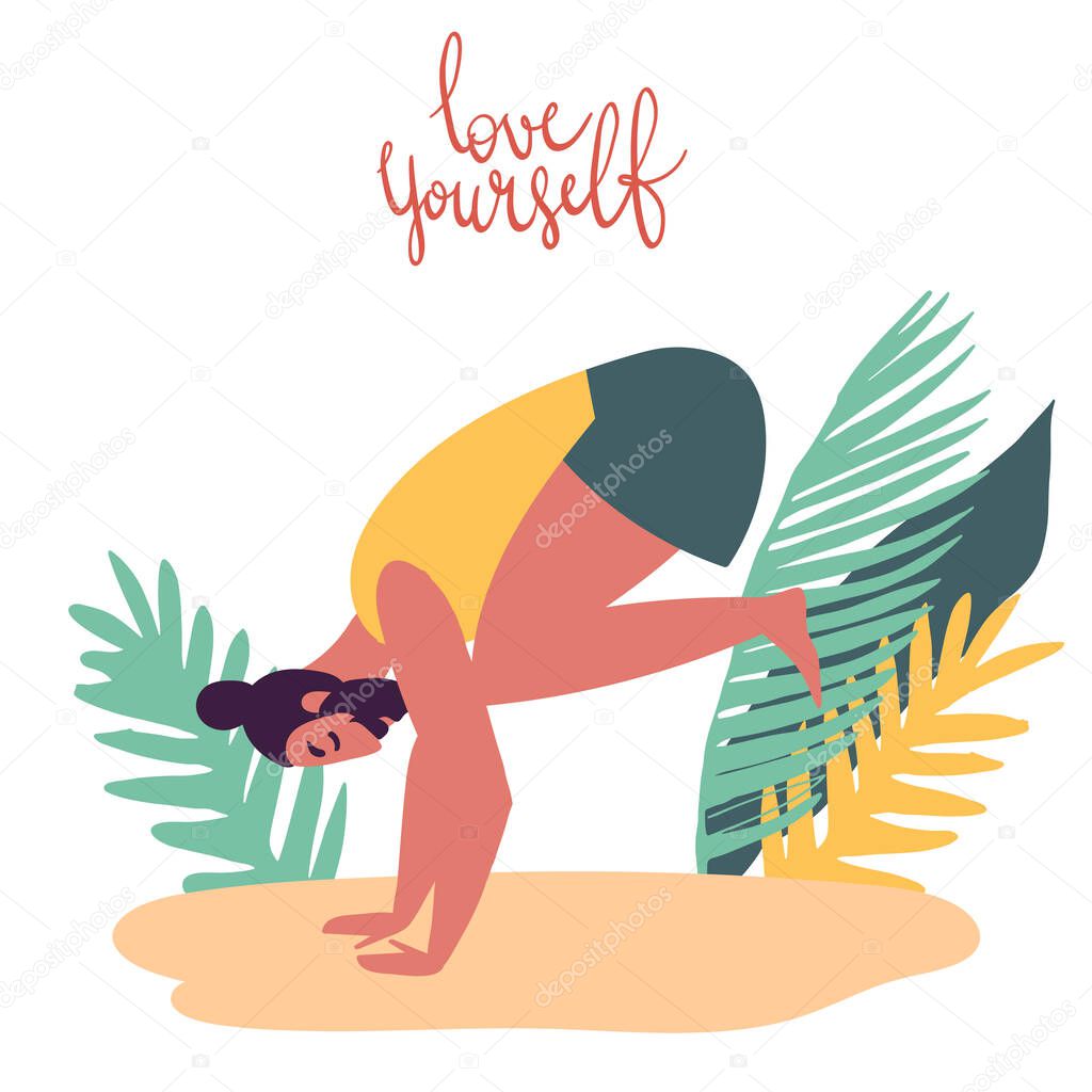 Hand drawn minimal vector illustration of cartoon man character doing yoga asana pose outside in nature with backgroud of tropical leafs and plants.