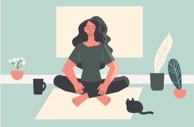 Sabahları evde meditasyon yapan bir kadın. Etrafı bitkiler ve kedilerle çevrili. Asgari vektör illüstrasyonu.