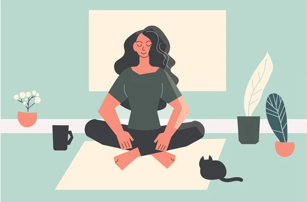 Sabahları evde meditasyon yapan bir kadın. Etrafı bitkiler ve kedilerle çevrili. Asgari vektör illüstrasyonu.