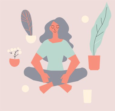 Sabahları evde meditasyon yapan bir kadın. Etrafı bitkiler ve kedilerle çevrili. Asgari vektör illüstrasyonu.