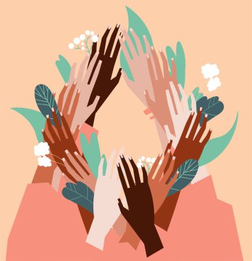 Farklı ten renginde insanların ellerinin vektör çizimi. Asgari düz stil sanat.