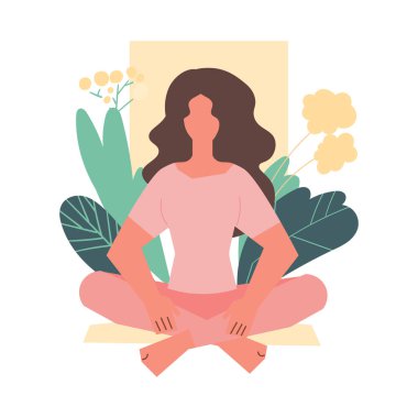 Sabahları etrafı bitkilerle çevrili meditasyon yapan bir kadın. Asgari vektör illüstrasyonu.