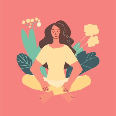 Sabahları etrafı bitkilerle çevrili meditasyon yapan bir kadın. Asgari vektör illüstrasyonu.
