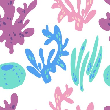 Güzel mercanlardan ve deniz kabuklarından oluşan el çizimi, pürüzsüz fayans deseni. Beyazda izole edilmiş. Çocuk yuvası İskandinav tarzı basit bir çocuk sanatı. Giysi için grafik tasarımı.