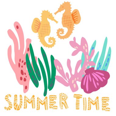 Şirin deniz atı, mercan, deniz kabuğu ve yaz dönemi harflerinin el çizimleri. Beyazda izole edilmiş. Çocuk yuvası İskandinav tarzı basit bir çocuk sanatı. Giysi için grafik tasarımı.