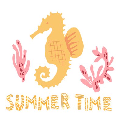 Şirin deniz atı, mercan ve yaz dönemi harflerinin el çizimi tasviri. Beyazda izole edilmiş. Çocuk yuvası İskandinav tarzı basit bir çocuk sanatı. Giysi için grafik tasarımı.