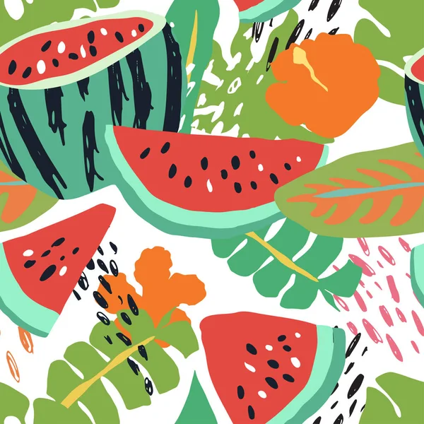 Minimal Sommerlich Trendige Vektorfliese Mit Nahtlosem Muster Skandinavischen Stil Wassermelone — Stockvektor